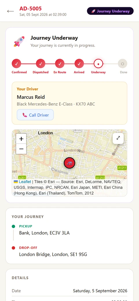 Customer app tracking a live journey