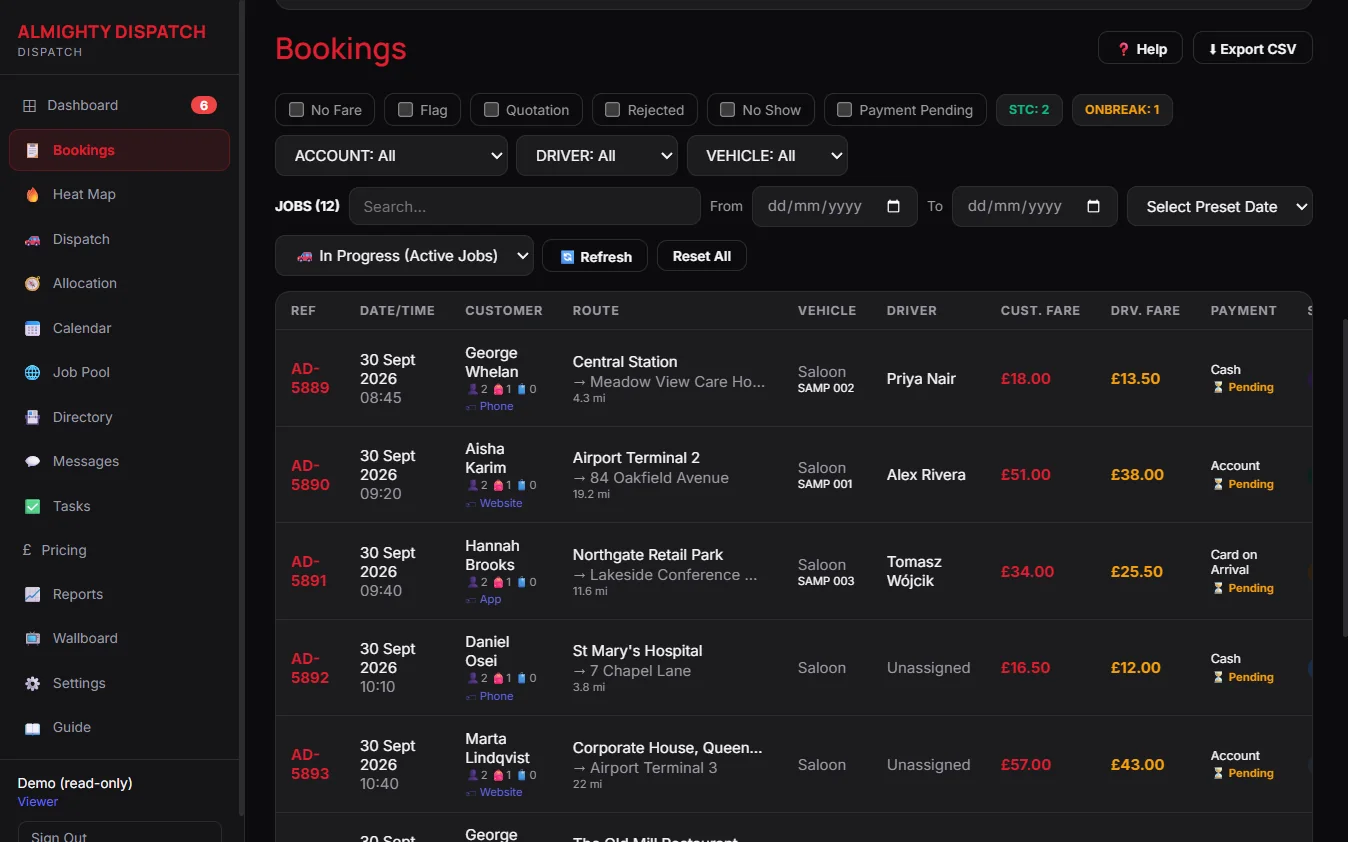 Bookings list beside the live driver map
