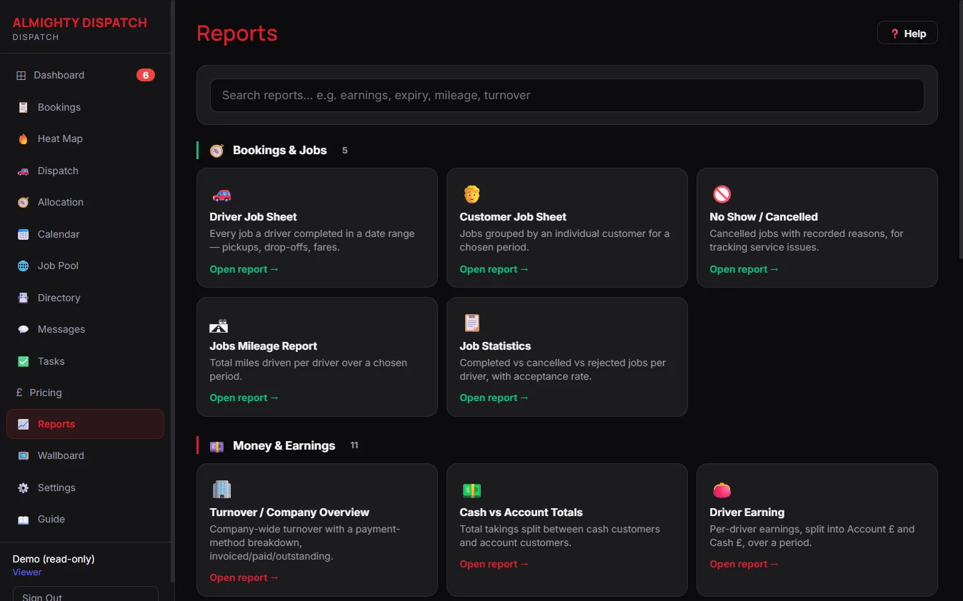 Reports library: job sheets, statistics, turnover and driver earnings